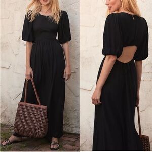 Beach Riot Black Weston Cutout Puff Sleeve Back Linen Blend Maxi Dress SZ M